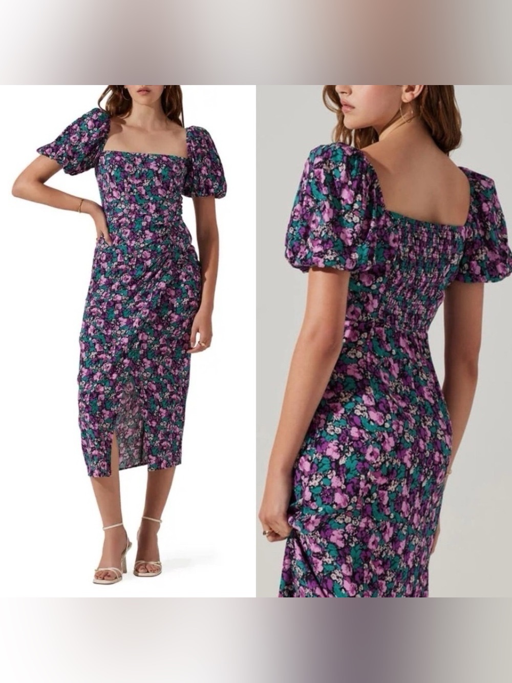 ASTR the Label Teal Purple Floral Puff Sleeve Midi Dress Ruched Slit Prairie